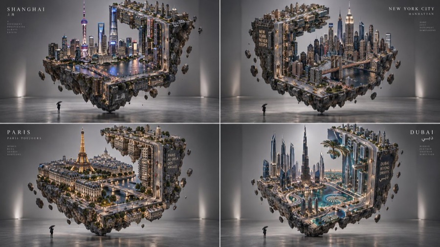 Floating Diorama Grid Of Iconic Cities — image generated with a GPT Image 2.5 prompt