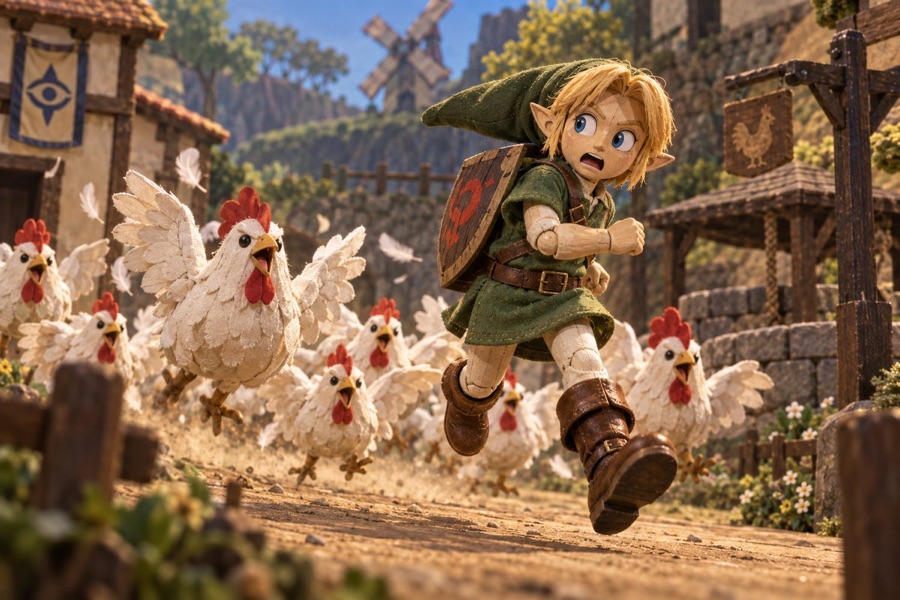 Link Chased By Puppet Chickens — image generated with a GPT Image 2.5 prompt
