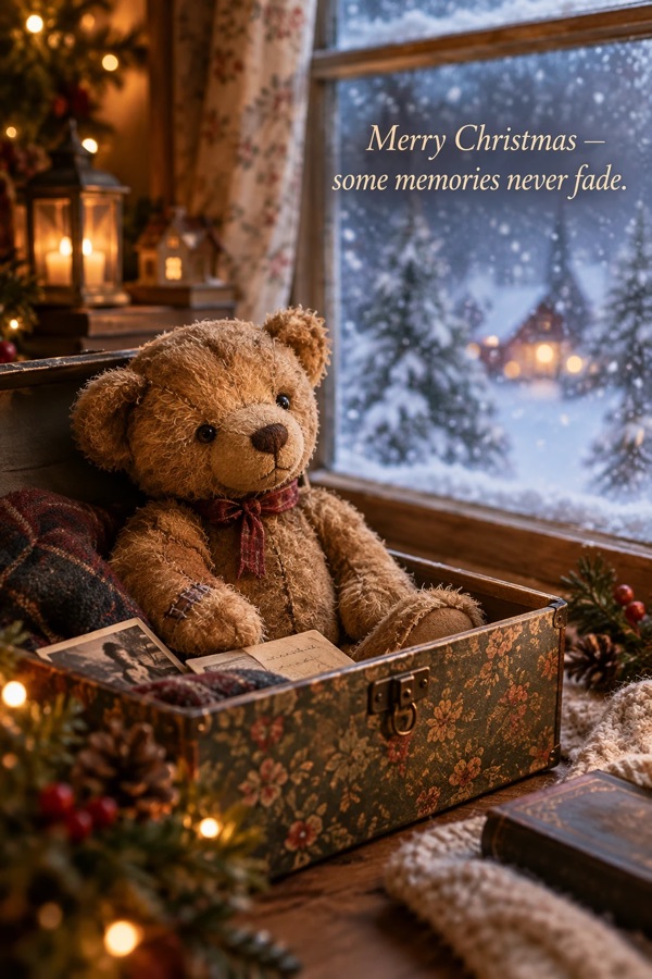 Christmas Card: Old Teddy in a Keepsake Box — image generated with a GPT Image 2.5 prompt