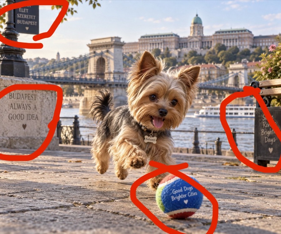 Yorkie Playing With His Ball in Budapest — image generated with a GPT Image 2.5 prompt