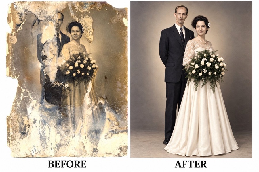 Restore Damaged Vintage Portrait — image generated with a GPT Image 2.5 prompt
