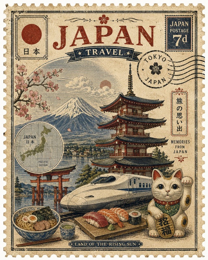 Vintage Travel Postage Stamp Artwork — image generated with a GPT Image 2.5 prompt
