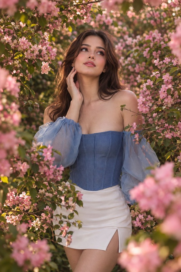 Woman Among Dense Pink Flowering Branches — image generated with a GPT Image 2.5 prompt