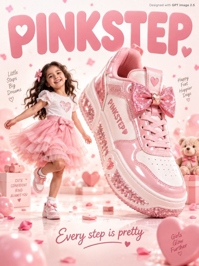 Kids Footwear Ad Poster with Girl and Giant Sneaker — image generated with a GPT Image 2.5 prompt