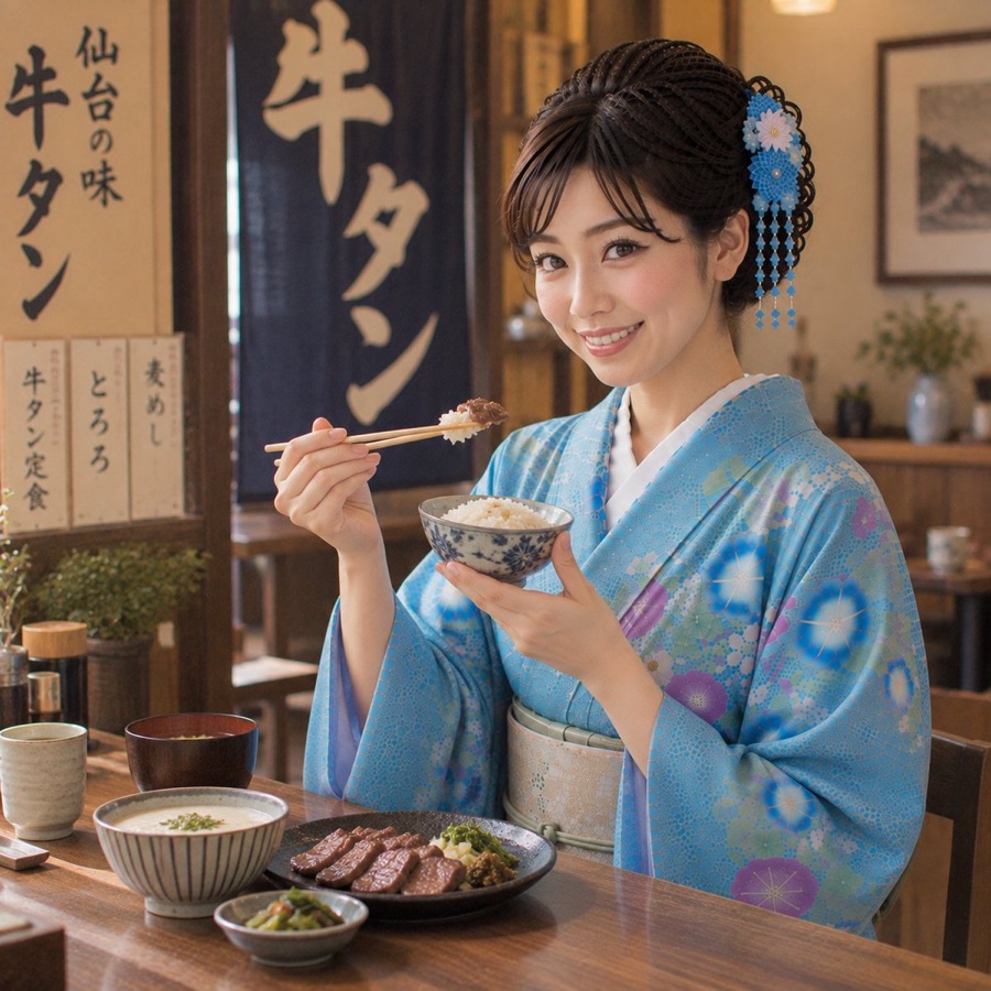 Woman in Kimono Eating Beef Tongue Rice — image generated with a GPT Image 2.5 prompt