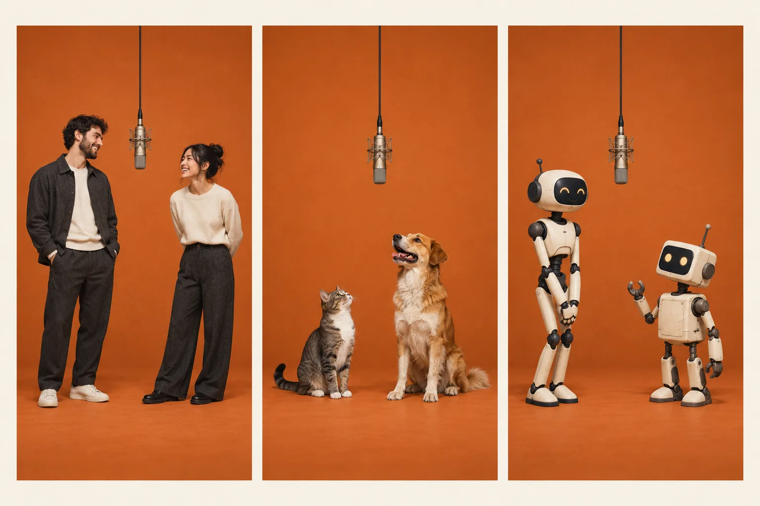 Concept illustrations of adult friends, pets and original characters in orange-booth duets