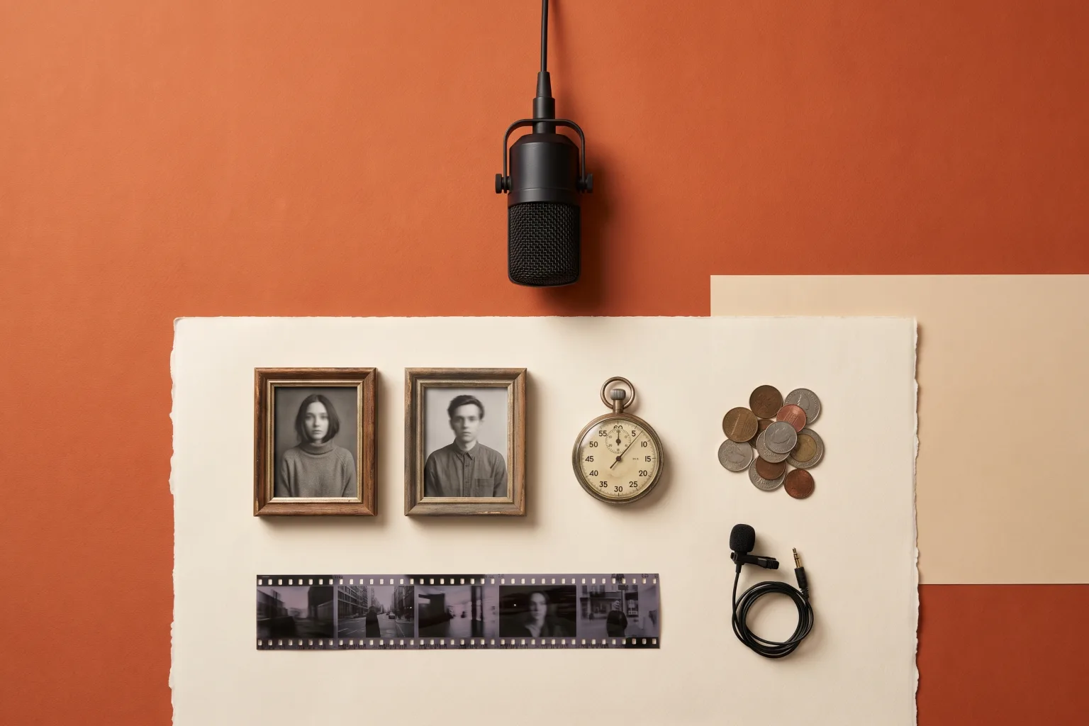 Decision factors for choosing a hotel lobby AI video generator: two subject photos, clip length, cost and audio, shown as a still-life arrangement