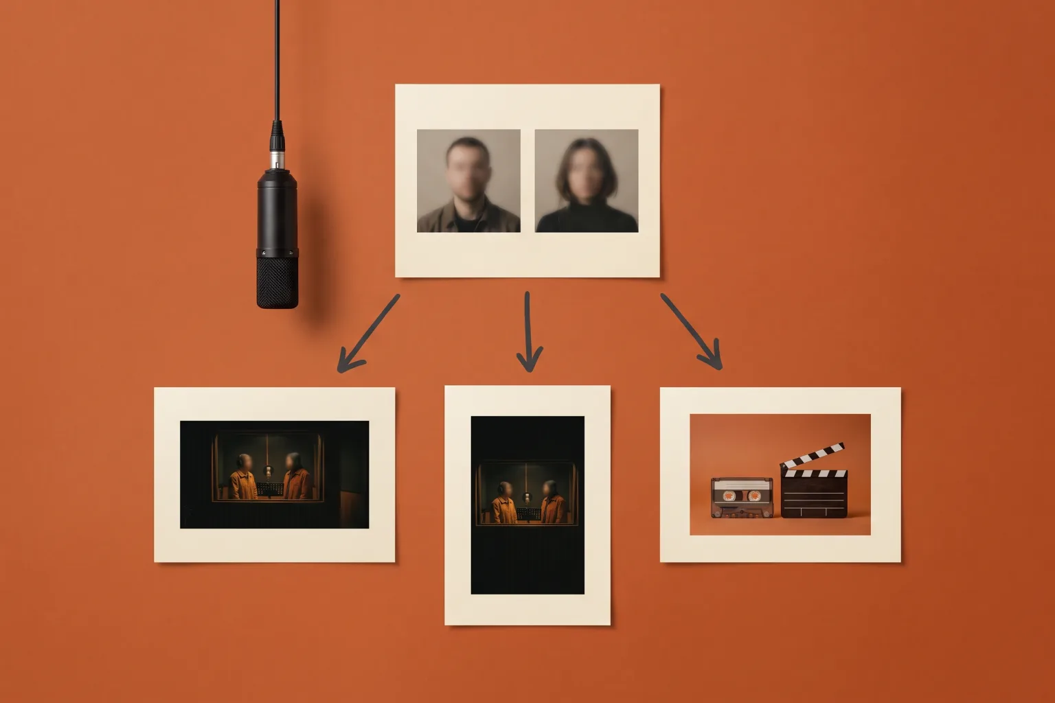 One pair of subject photos leading to three different workflow outcomes: a wide booth scene, a vertical print, and audio-and-editing gear