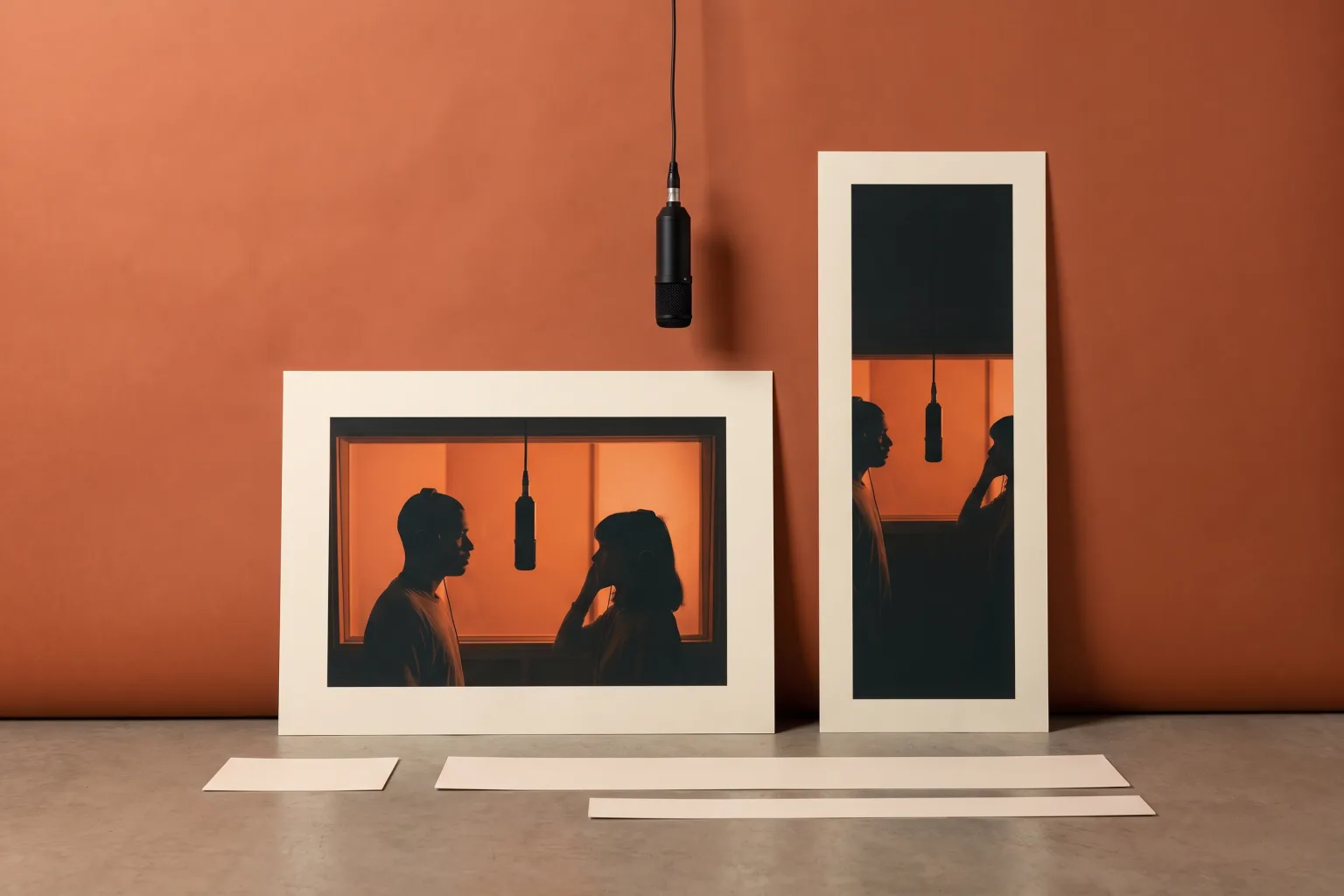 The same orange-booth duet shown in landscape and vertical formats, with timeline bars of different lengths representing clip durations