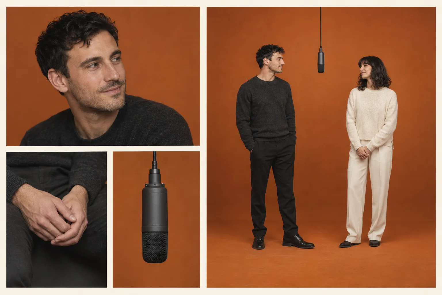 Concept review panels showing faces, hands and microphone placement in an orange-booth duet