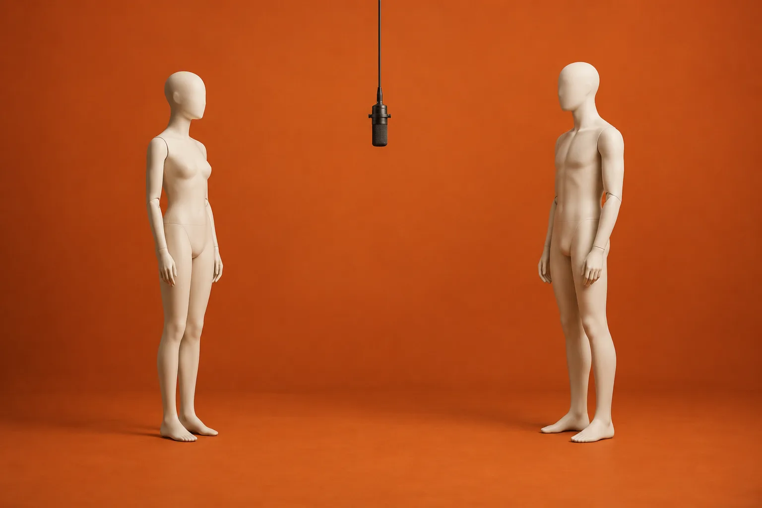 Hotel Lobby AI scene concept with two separate subjects and one central hanging microphone