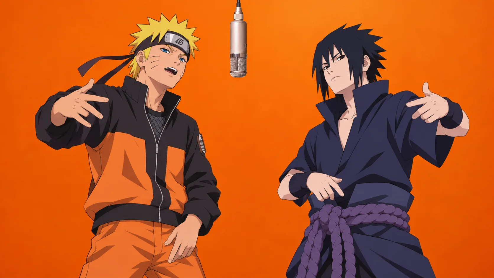 Naruto and Sasuke perform a duet at a hanging microphone in an orange anime studio.