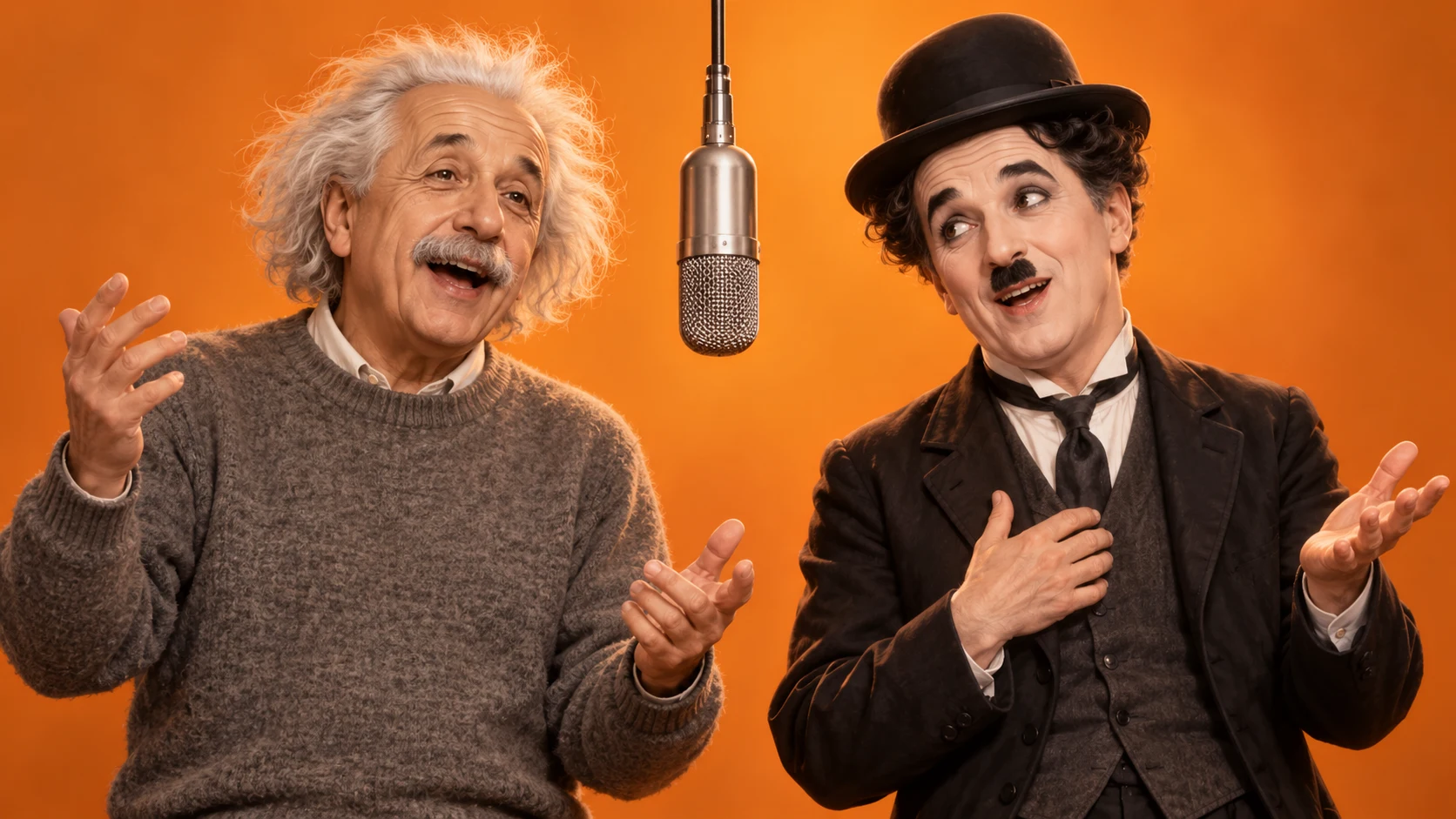 An AI concept of Albert Einstein and Charlie Chaplin sharing a hanging microphone in an orange studio.