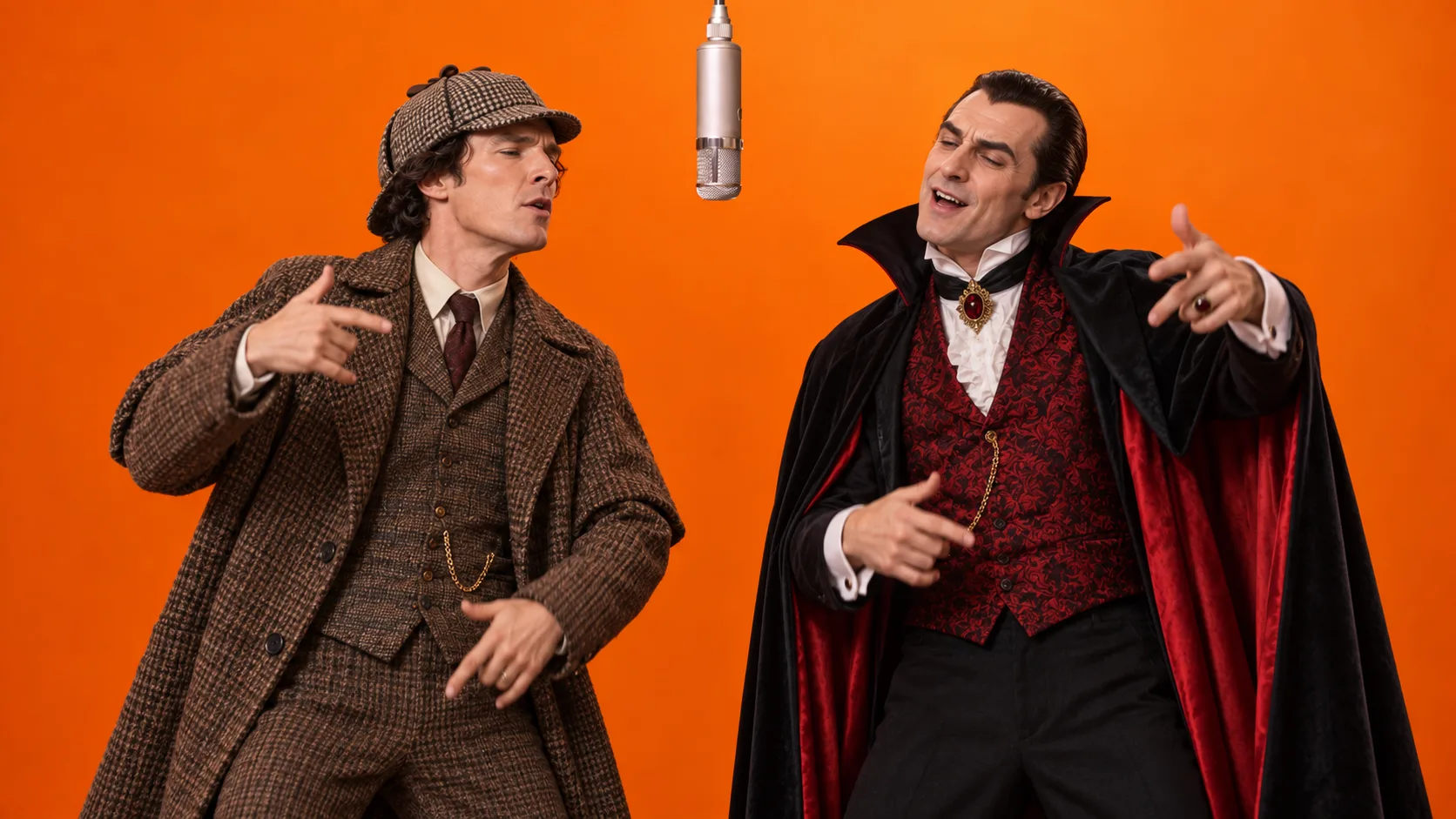 Sherlock Holmes and Dracula share the microphone in an orange recording studio.