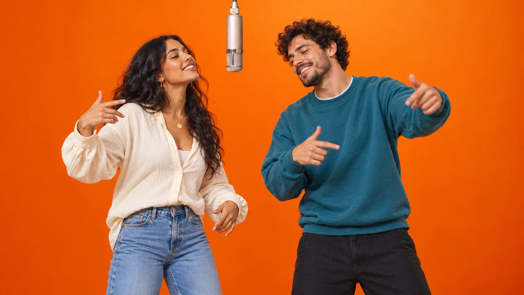 A couple in ivory and teal outfits perform beside a hanging microphone in an orange studio.