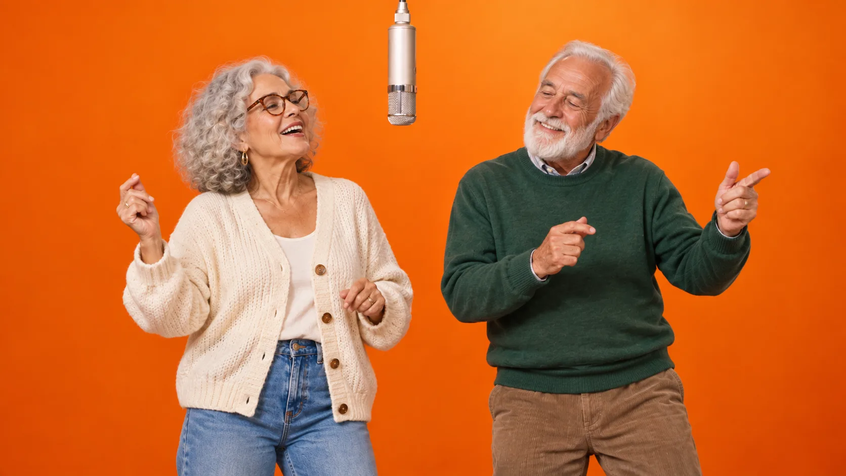 A smiling grandmother and grandfather perform together in an orange recording studio.
