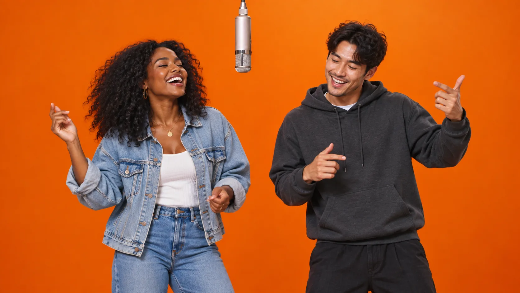 Two friends in casual outfits laugh and perform at a hanging microphone in an orange studio.