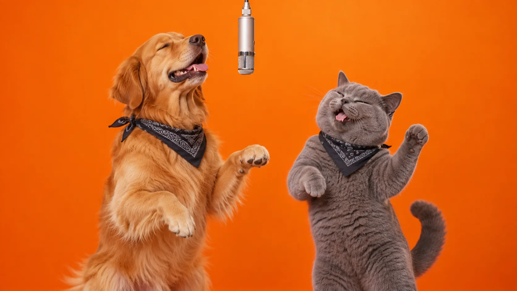 A golden retriever and a gray cat share a hanging microphone in an orange studio.
